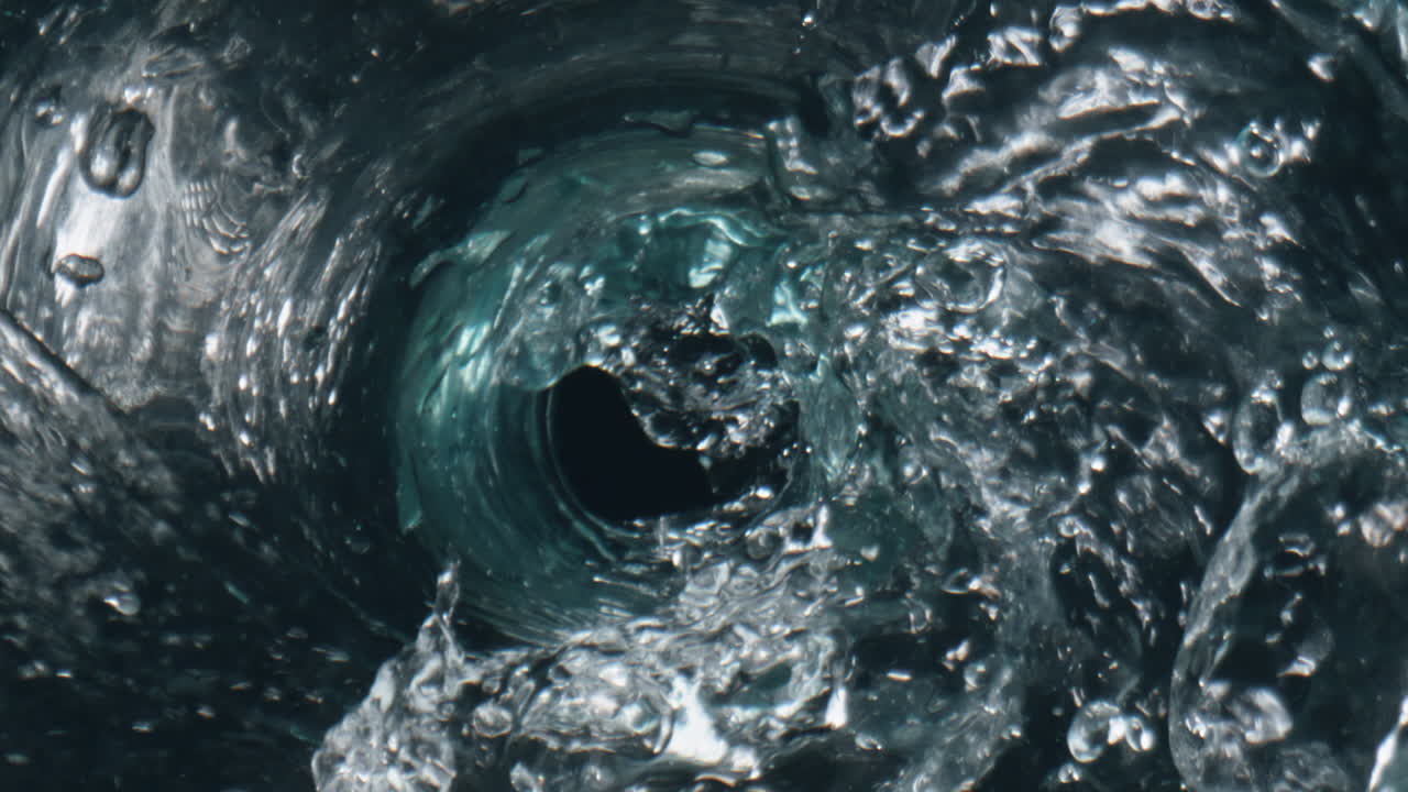 Liquid pouring clean vessel top view. Sparkling aqua flowing glass slow motion