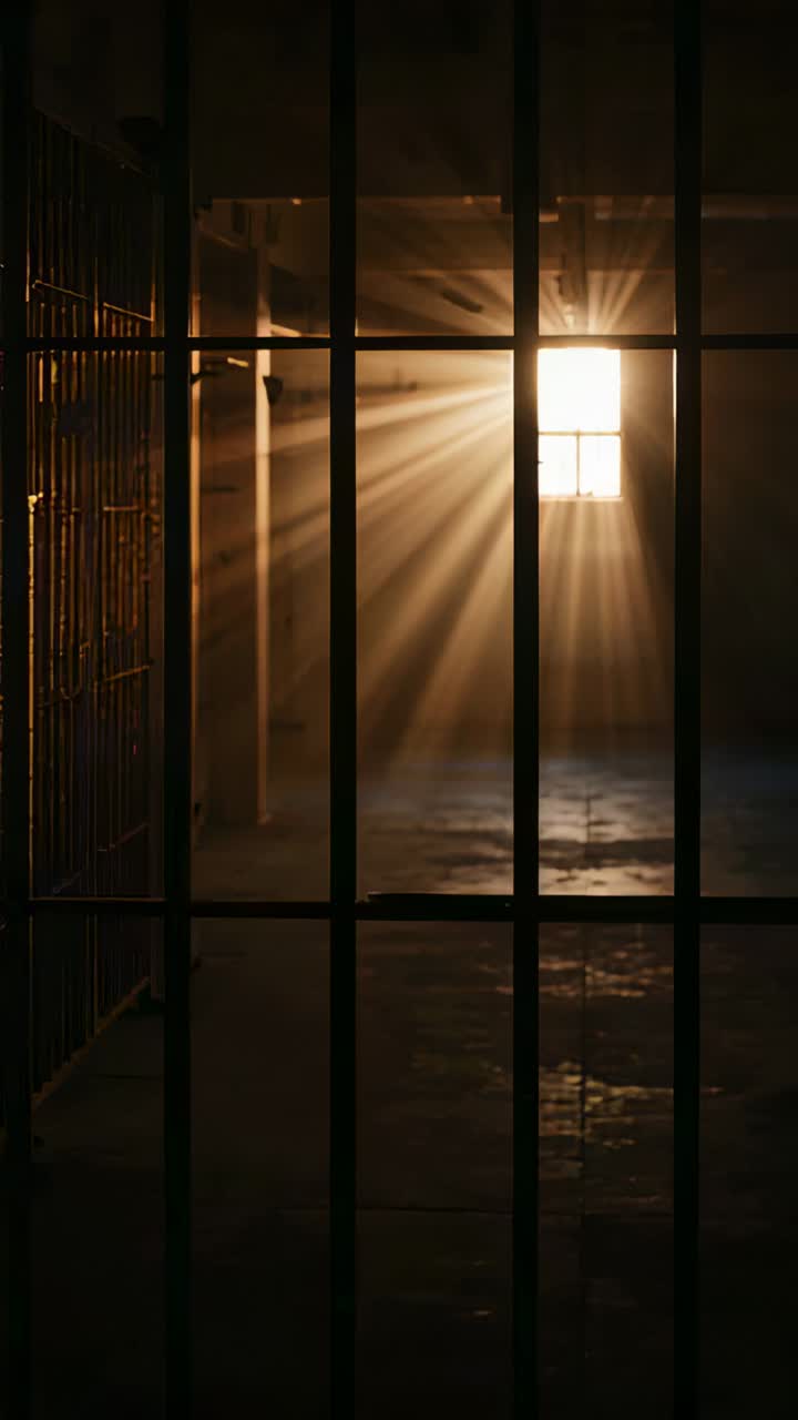 Vertical video: Framing vertical bars blocking dim cell corridor, high window emitting dust beams