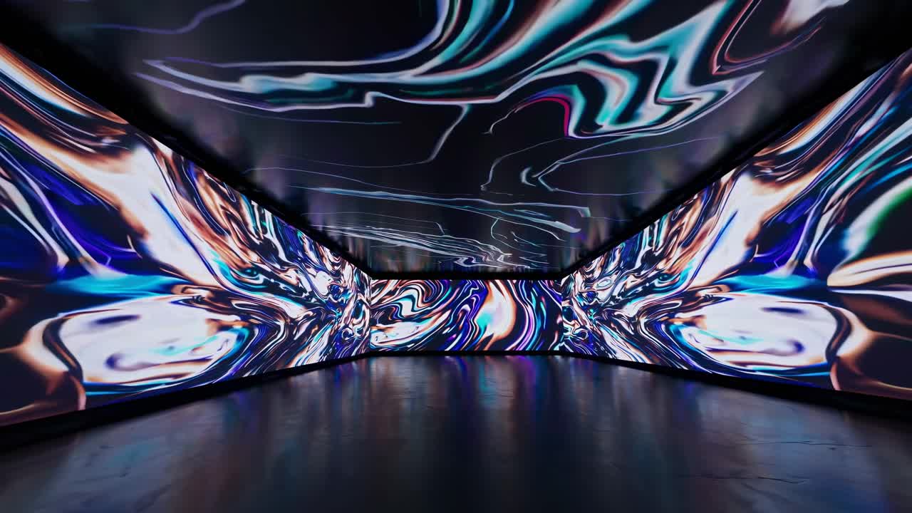 Immersive video art installation with swirling abstract patterns on walls and ceiling
