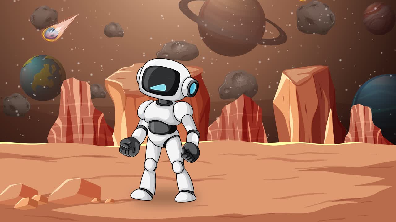 Tegneserieroboten bruker jetpack og slår i et steinete utenomjordisk landskap med dynamisk kamerabevegelse