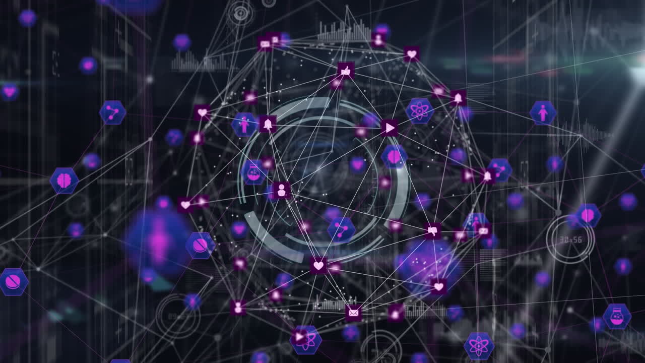 Animation of network of connections with icons over data processing on black background