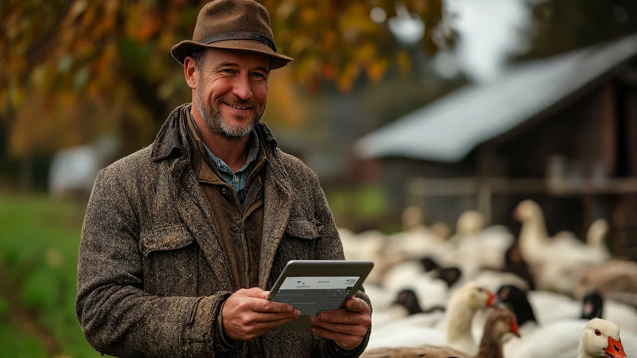Farmer using tablet in front of geese. A happy farmer checks his tablet while surrounded by geese on a farm during a cloudy day