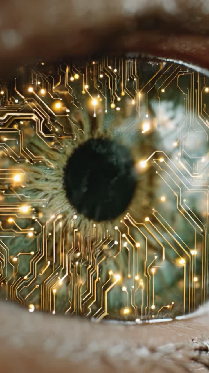 De versmelting van menselijke emotie en technologie verkennen: een close-up van een oog, versterkt met hightechcircuits, dat de kruising van biologie en innovatie illustreert