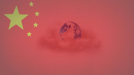 animation of chinese flag waving over globe in clouds