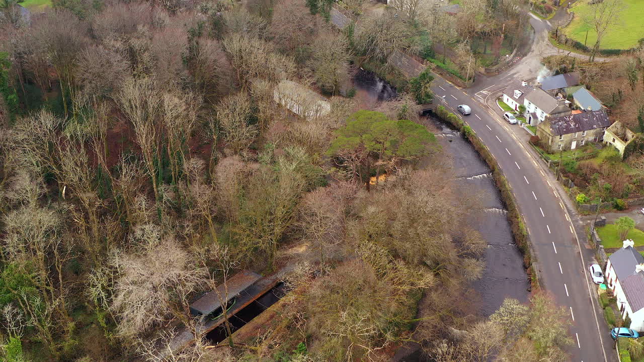 A river curves through a natural setting alongside homes in Ireland, lush green trees and soft light filtering through