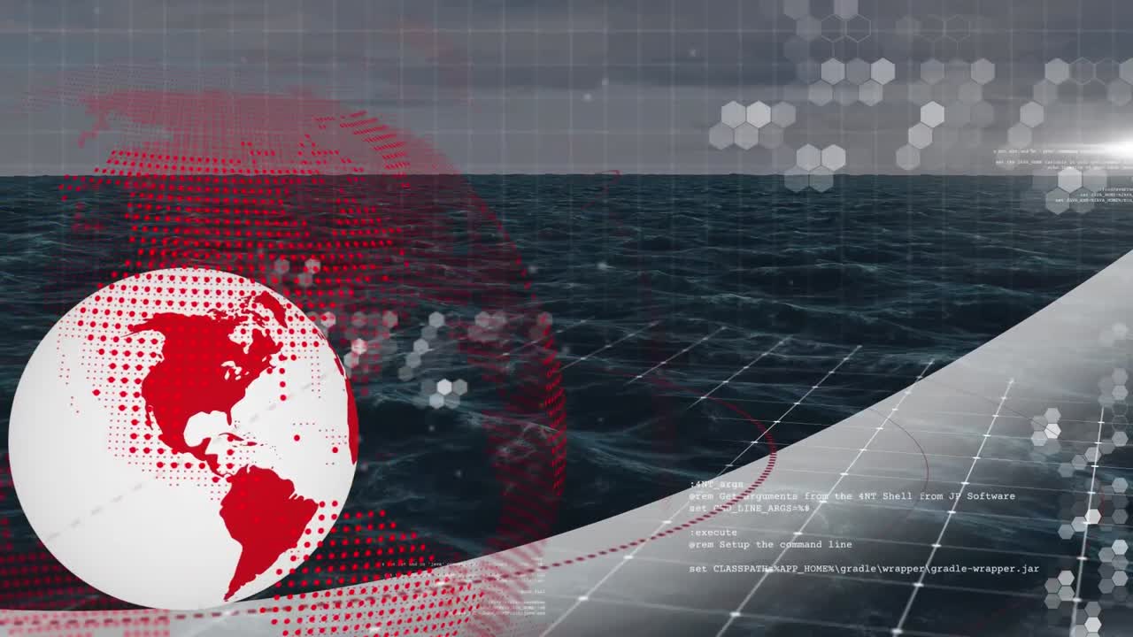 해양 풍경 위의 그리드와 함께 회전하는 지구의 애니메이션