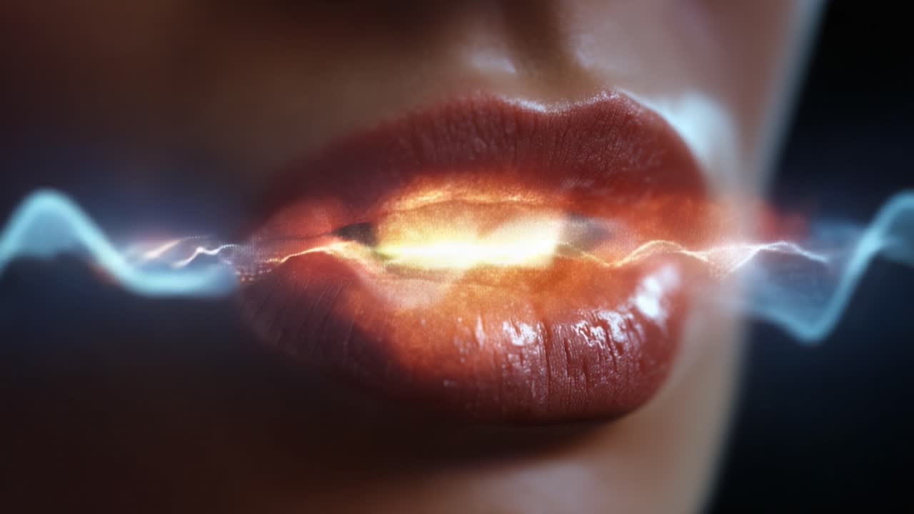 Una vista ravvicinata di labbra che emettono onde sonore vibranti, mostrando una fusione di bellezza e tecnologia con un bagliore accattivante che evidenzia il movimento dinamico del suono.