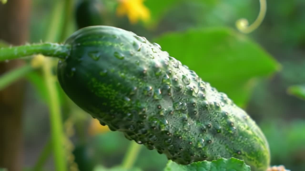 Close-Up of a Fresh Cucumber Glistening with Dew in a Lush Green Garden, Showcasing the Texture and Vibrancy of Nature's Produce