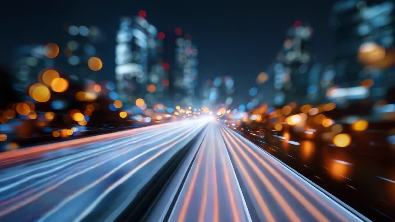 Paesaggio notturno urbano dinamico: cattura l'energia vibrante e il movimento delle luci della città durante un viaggio ad alta velocità attraverso una metropoli moderna dopo il tramonto