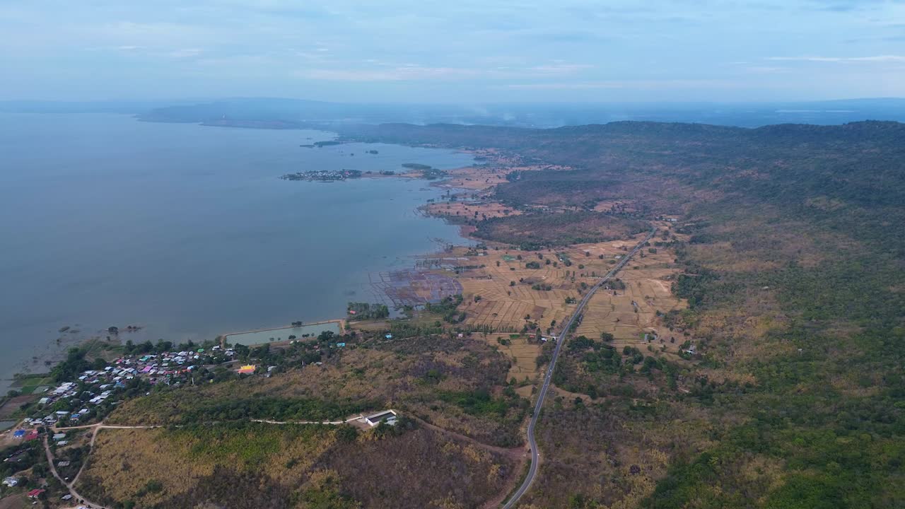 Aerial view of Thailand's Ubol Ratana dam and the adjacent Nam Phong national park