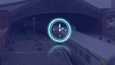 clock animation over train arriving at station platform