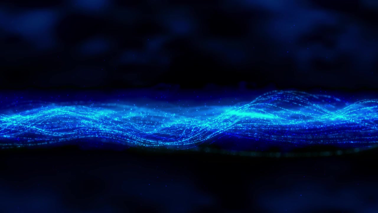 Abstract blue waveform motion visual with glowing cyan particles soft dark atmosphere and flowing