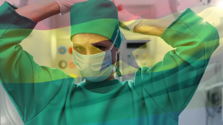Animación de bandera de Ghana ondeando sobre cirujana en quirófano