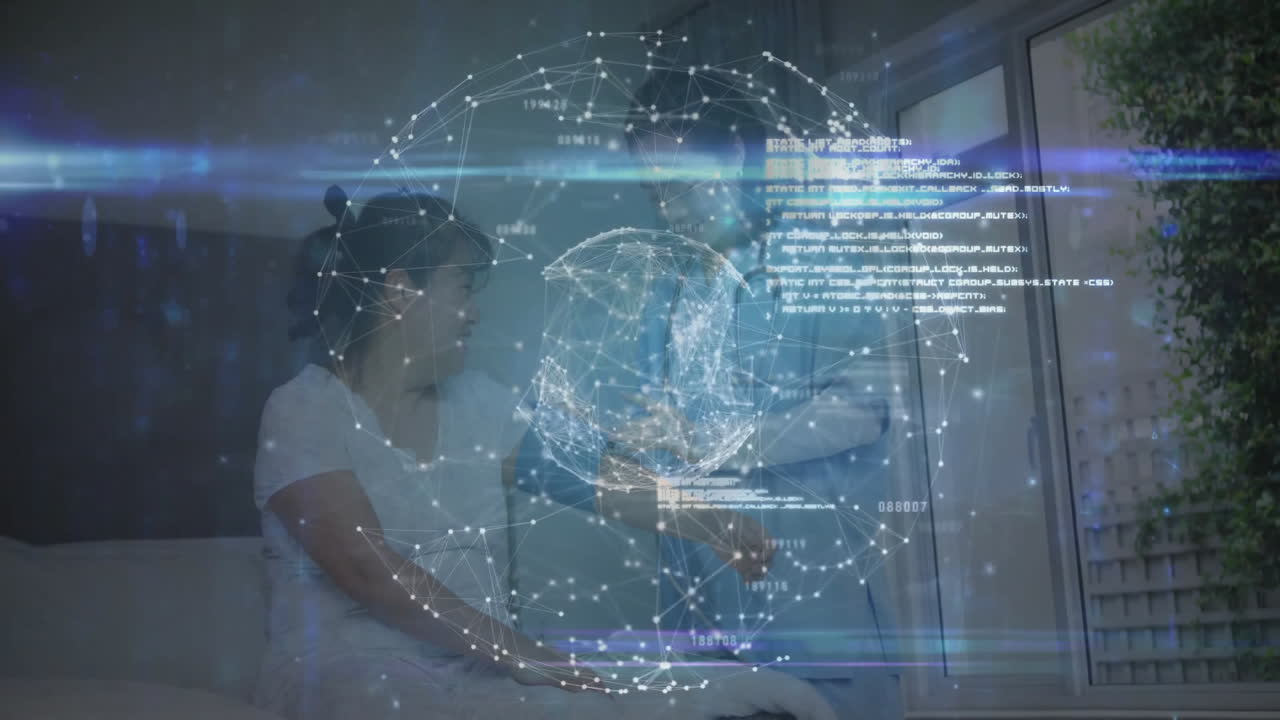 Patient and doctor sharing health tech data in living room, projecting holographic network visuals