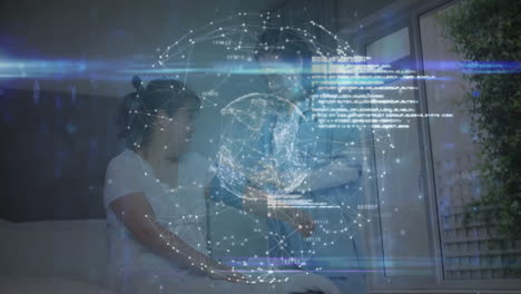 patient and doctor sharing health tech data in living room, projecting holographic network visuals