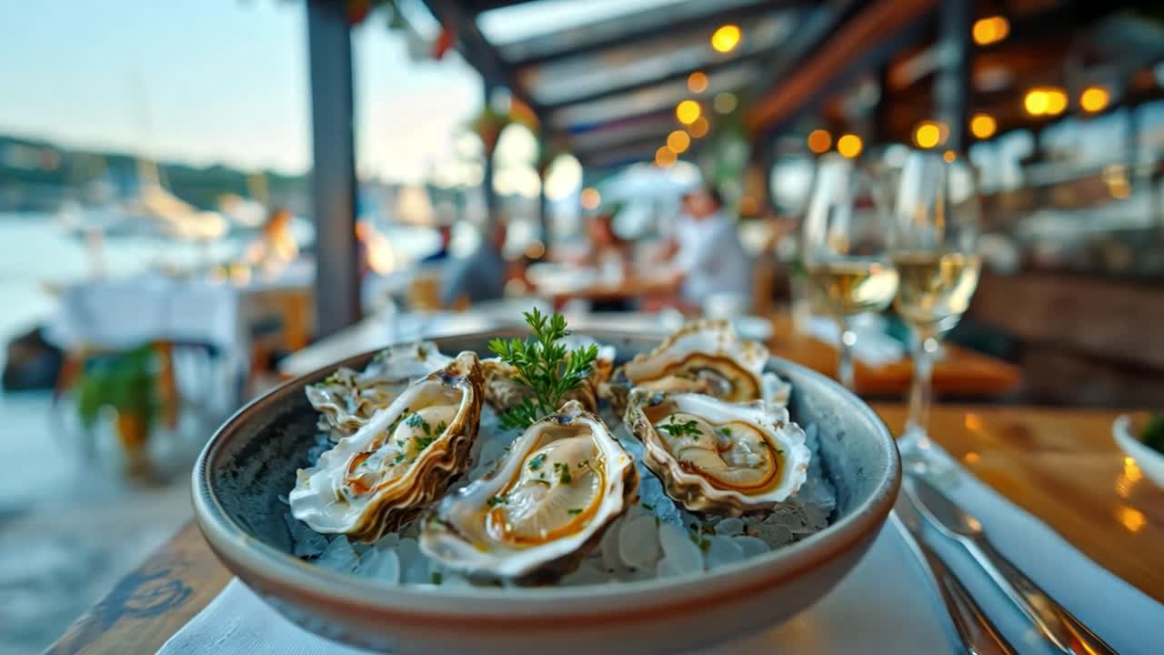 Oysters on a luxurious waterfront restaurant