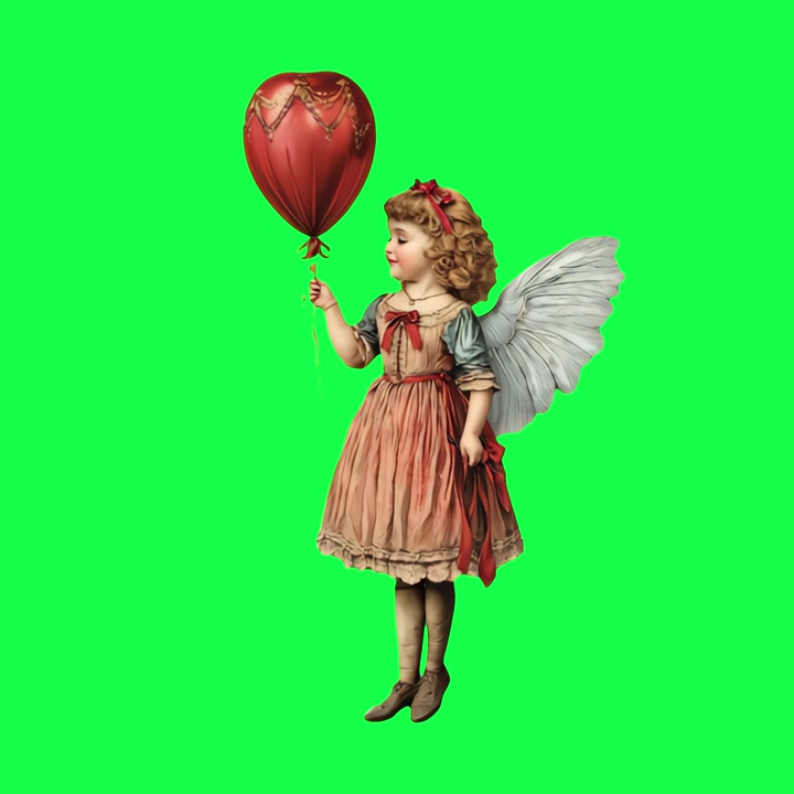 Illustrazione vintage di un piccolo angelo che tiene un palloncino a forma di cuore rosso