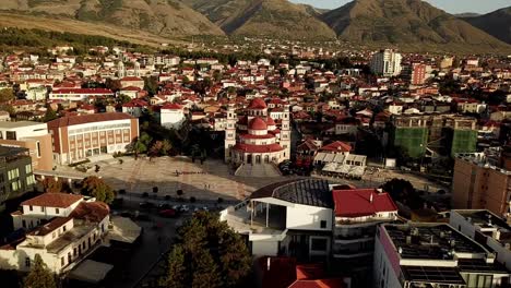 Drone-view-of-resurrection-cathedral,-Korce,-Albania,-Europe