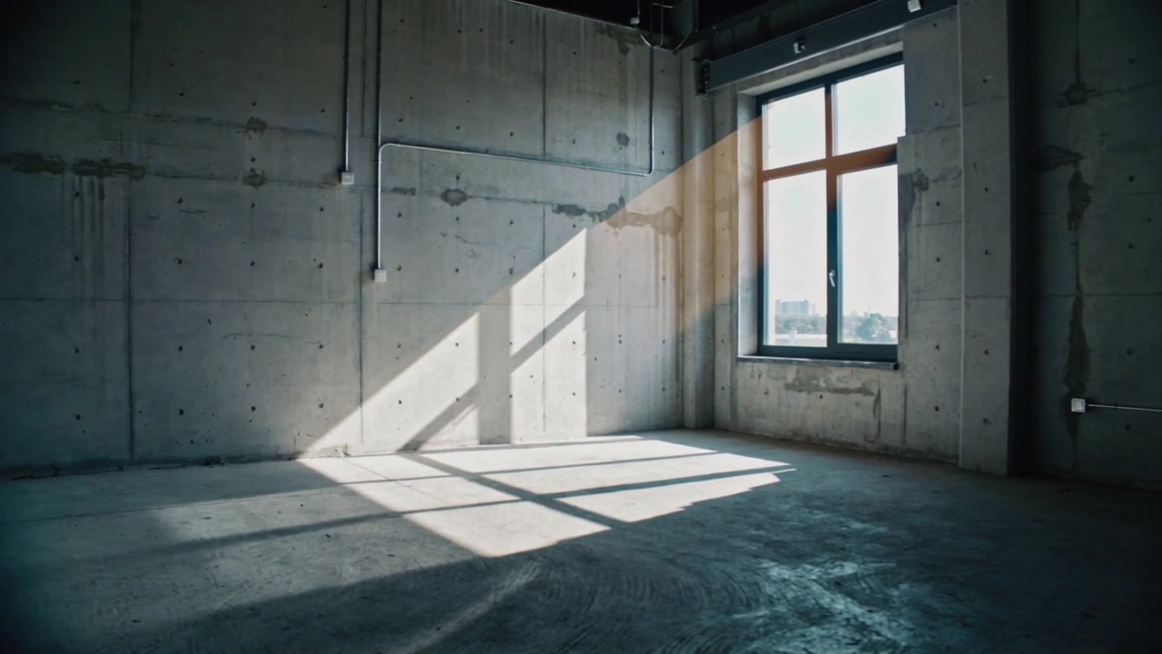 Un raggio di sole penetra in una stanza di cemento, proiettando una luce angolata che si sposta con il movimento del sole, rivelando l'ombra dei montanti