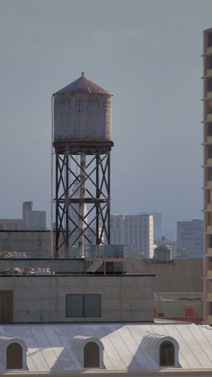 Premium stock video - Water tower on building rooftop in city