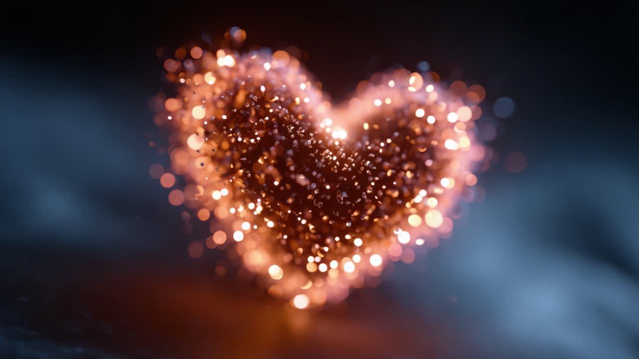 Una splendida rappresentazione di un oggetto a forma di cuore che si illumina nell'oscurità con luce radiosa e particelle scintillanti, che illustra l'amore e l'emozione in un ambiente buio