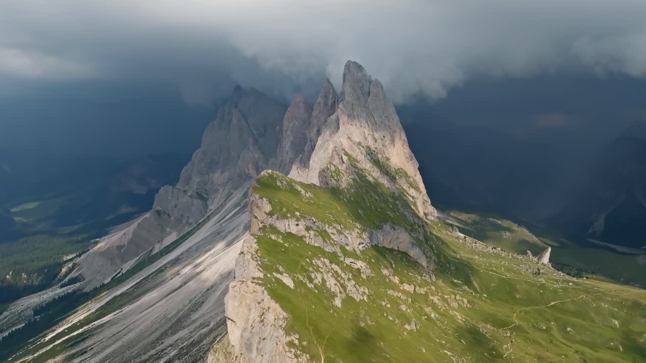 Seceda Mountain ridge from above in the dolemites of Italy