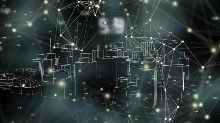 Animation of modern cityscape rotating over numbers and illuminated dots connecting with lines
