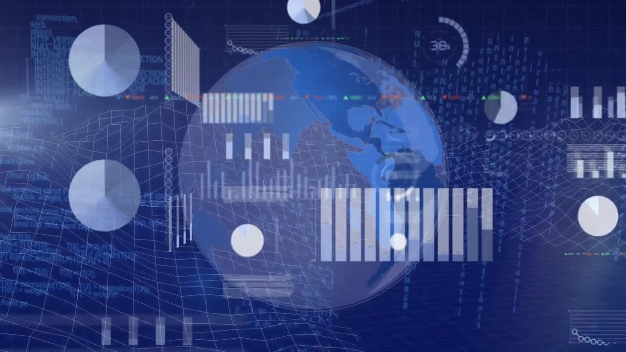 Animation of graphs, data and loading circles, computer language over globe and 3d mountains