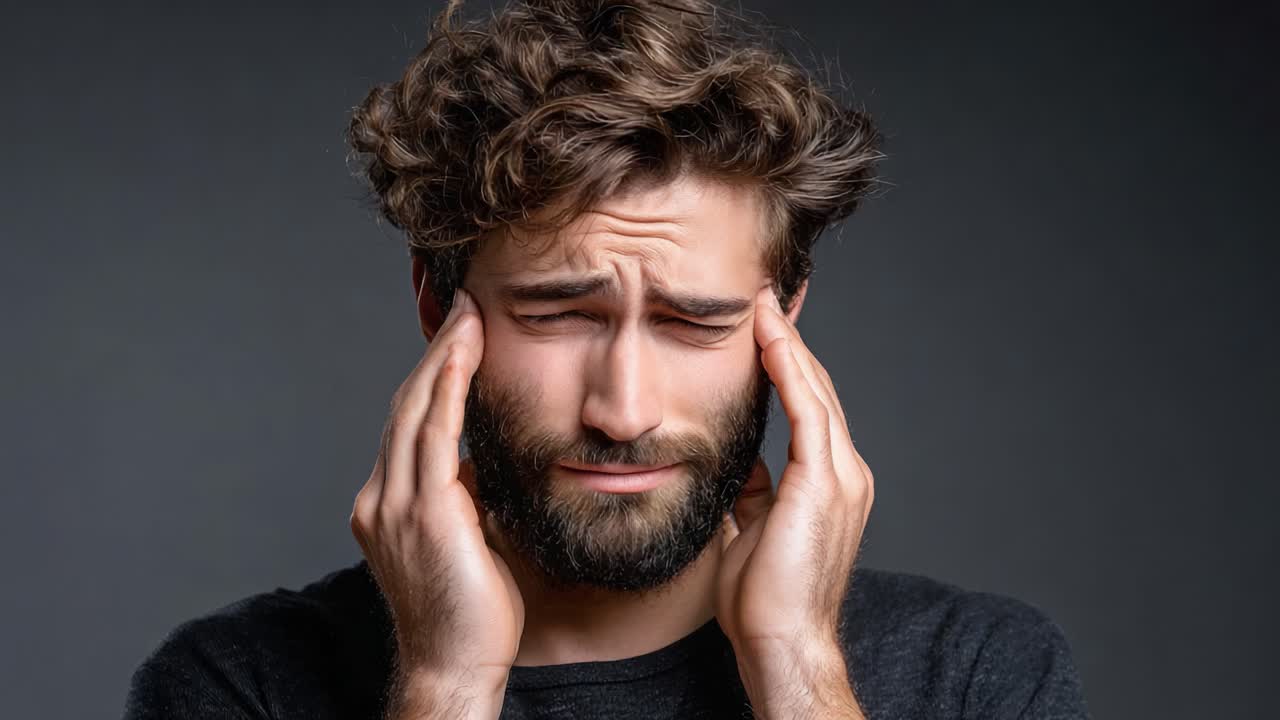 A Young Man Expressing Emotional Distress and Discomfort Through Facial Expressions and Gestures in A Studio Setting with Neutral Background Lights