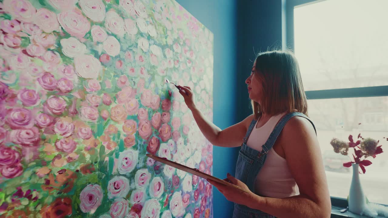 Mulher artista pintando arte floral em tela grande no estúdio