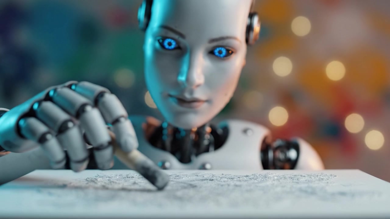 Un robot artista futuristico che si dedica alla creatività disegnando su tela con precisione, mostrando tecnologia avanzata e la fusione dell'arte con l'intelligenza artificiale