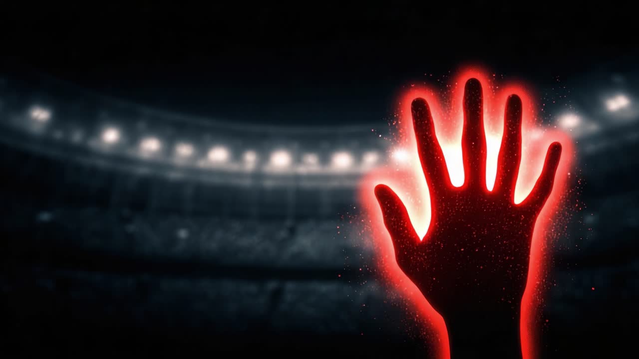 En kraftfull gest upplyst i rött: Fångar det eteriska ögonblicket av en utsträckt hand mot en mörk stadionsbakgrund för maximal effekt