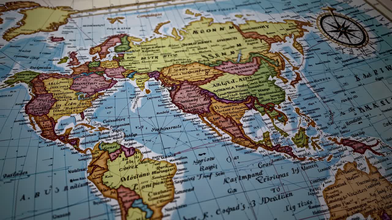 A vintage world map with rich colors, shot from a low angle