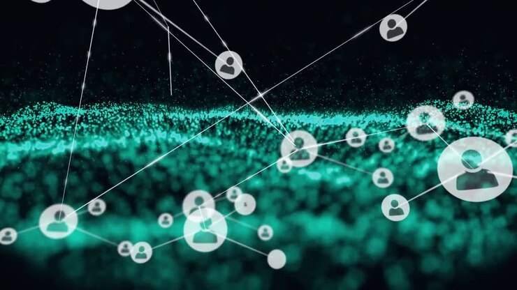 Animation of network of connections with people icons over mesh and black background