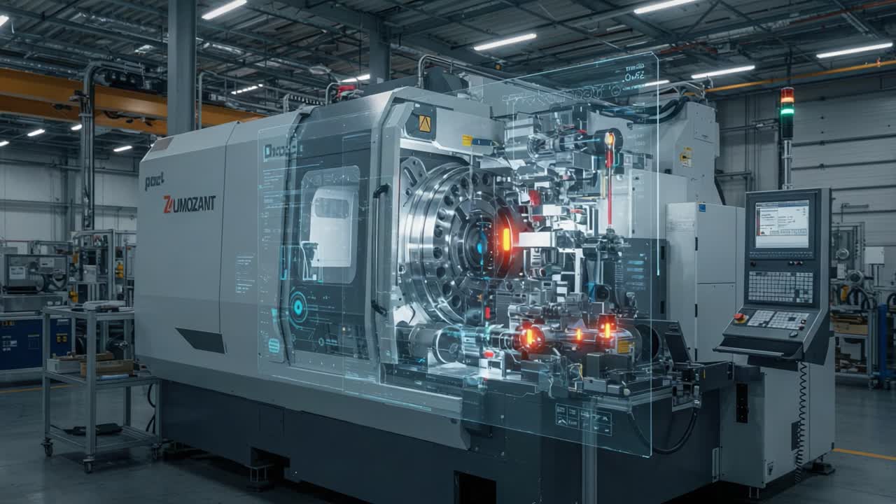 Advanced CNC Machining Technology Showcased in Manufacturing Facility, Highlighting Precision Engineering and Digital Interface of High-Tech Equipment