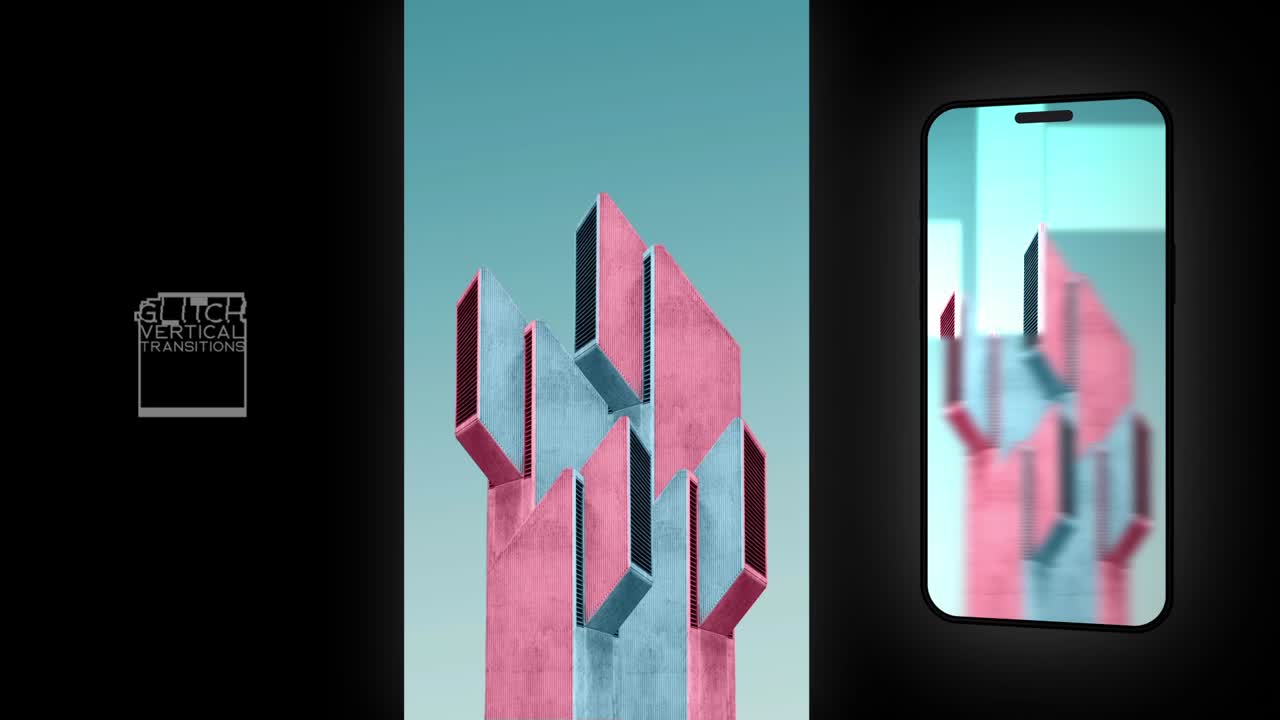 Transições Verticais com Glitch — perfeitas para videoclipes, edições de moda e trailers estilo vintage. O modelo inclui 8 efeitos de transição distintos.