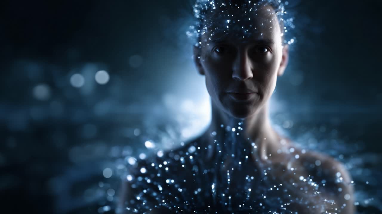 A captivating representation of a figure immersed in a cosmic display of shimmering lights and particles, creating an ethereal and surreal atmosphere