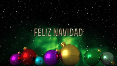 Animation-Des-Textes-„Feliz-Navidad“-über-Weihnachtskugeln-Im-Winterlandschaftshintergrund