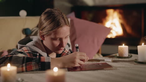 teenage girl drawing by the fireplace