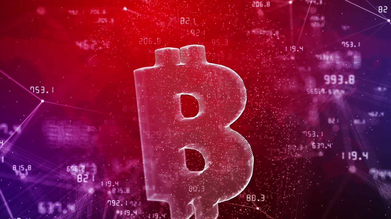 3D hologram of bitcoin blockxhain icon on red background with plexus lines and dots. Stock exchange are constantly changing. Abstract space motion graphics.