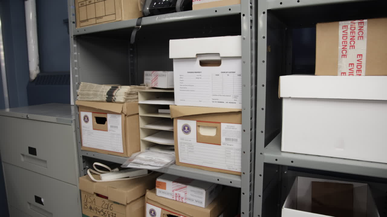 경찰서의 망진창한 증거 보관실의 느린 크레닝