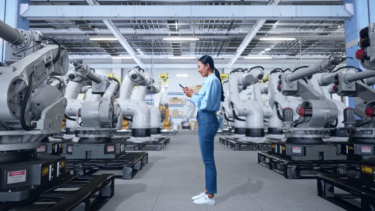 산업용 로이 있는 현대 공장에서 스마트폰을 사용하는 여성