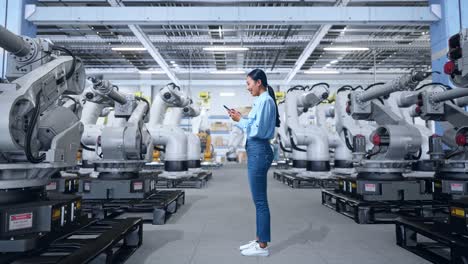 mujer usando un teléfono inteligente en una fábrica moderna con robots industriales