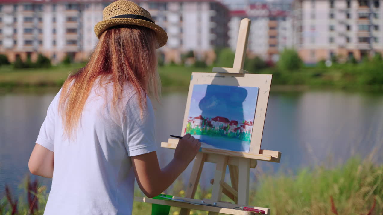 Woman painting a landscape outdoors near a lake