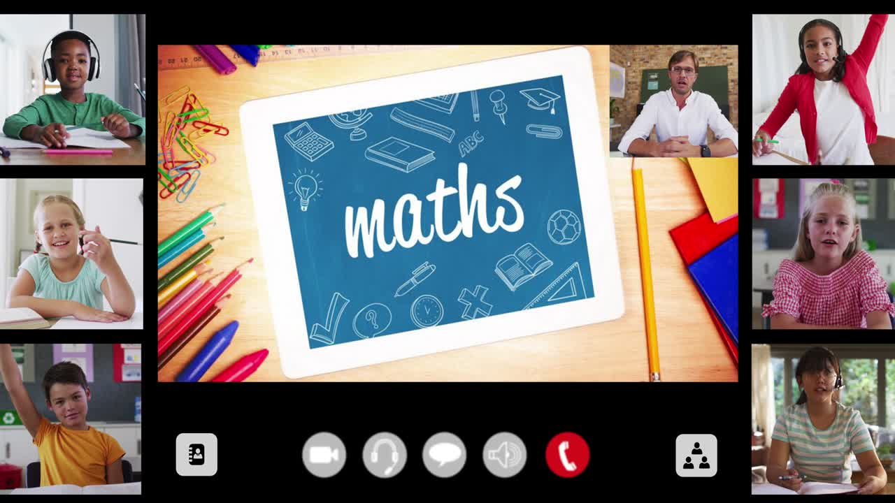 animación de la pantalla de interfaz con texto, matemáticas, profesor y seis niños diversos en la lección en línea