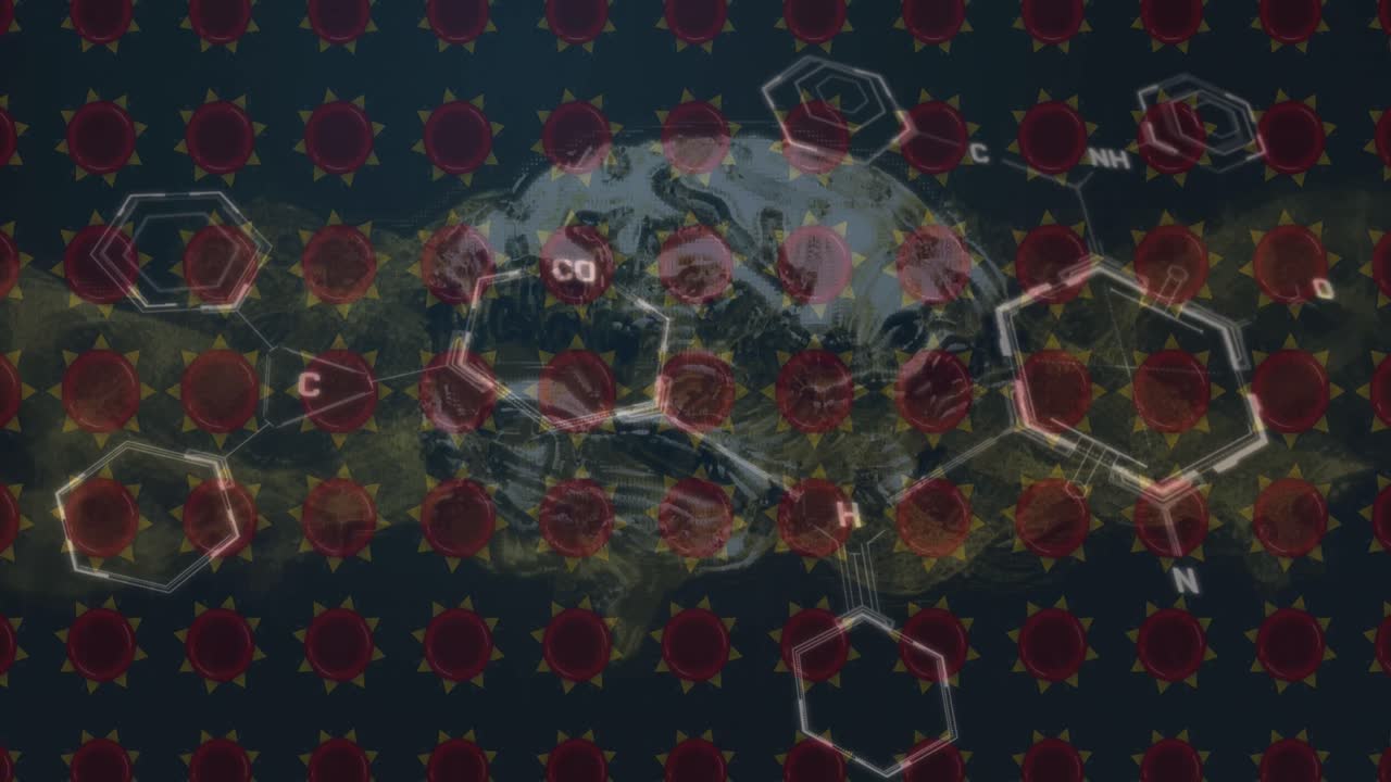 animación de iconos de células de virus sobre el cerebro y las moléculas