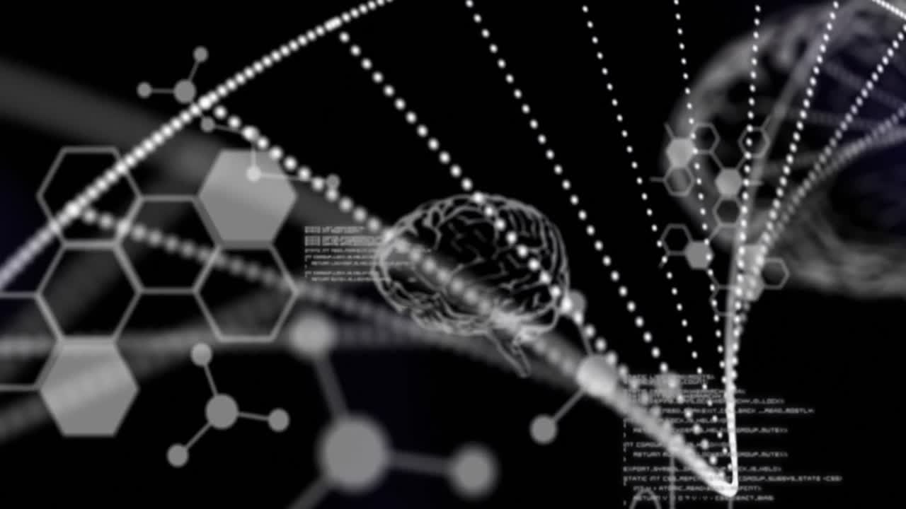 검은색 배경에서 의료 데이터 처리에 대항하여 dna 구조가 형성됩니다.