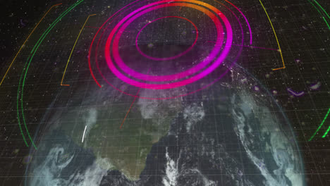 Neon-round-scanner-over-grid-network-against-spinning-globe-on-black-background