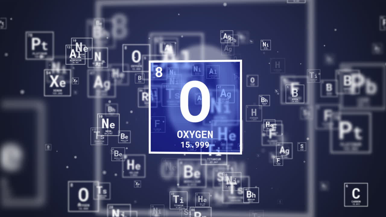 Oxygen symbol in blue rotating icon. Looped school animation of periodic table elements.