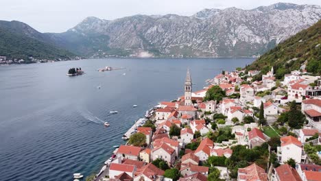 perast at bay of kotor, montenegro - aerial of unesco ancient city and islands